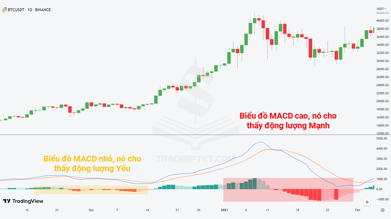 Biểu đồ histogram thể hiện sự chênh lệch giữa 2 đường MACD nhanh và chậm