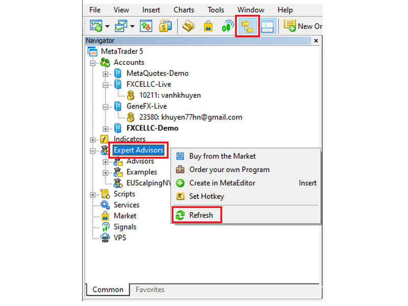 Trên bảng điều khiển của MT5, nhấp chọn Navigator => chọn Expert Advisors