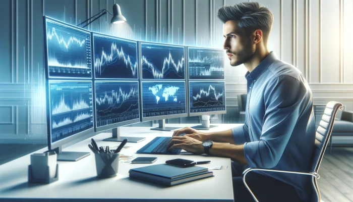 DALL·E 2024 03 13 14.34.55 A bright horizontal image featuring a man actively trading forex on a modern sophisticated setup. His workspace is well lit showcasing multiple mon