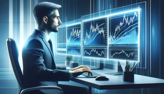 DALL·E 2024 03 13 14.46.03 A bright horizontal image featuring a man actively trading forex on a modern sophisticated setup. His workspace is well lit showcasing multiple mon
